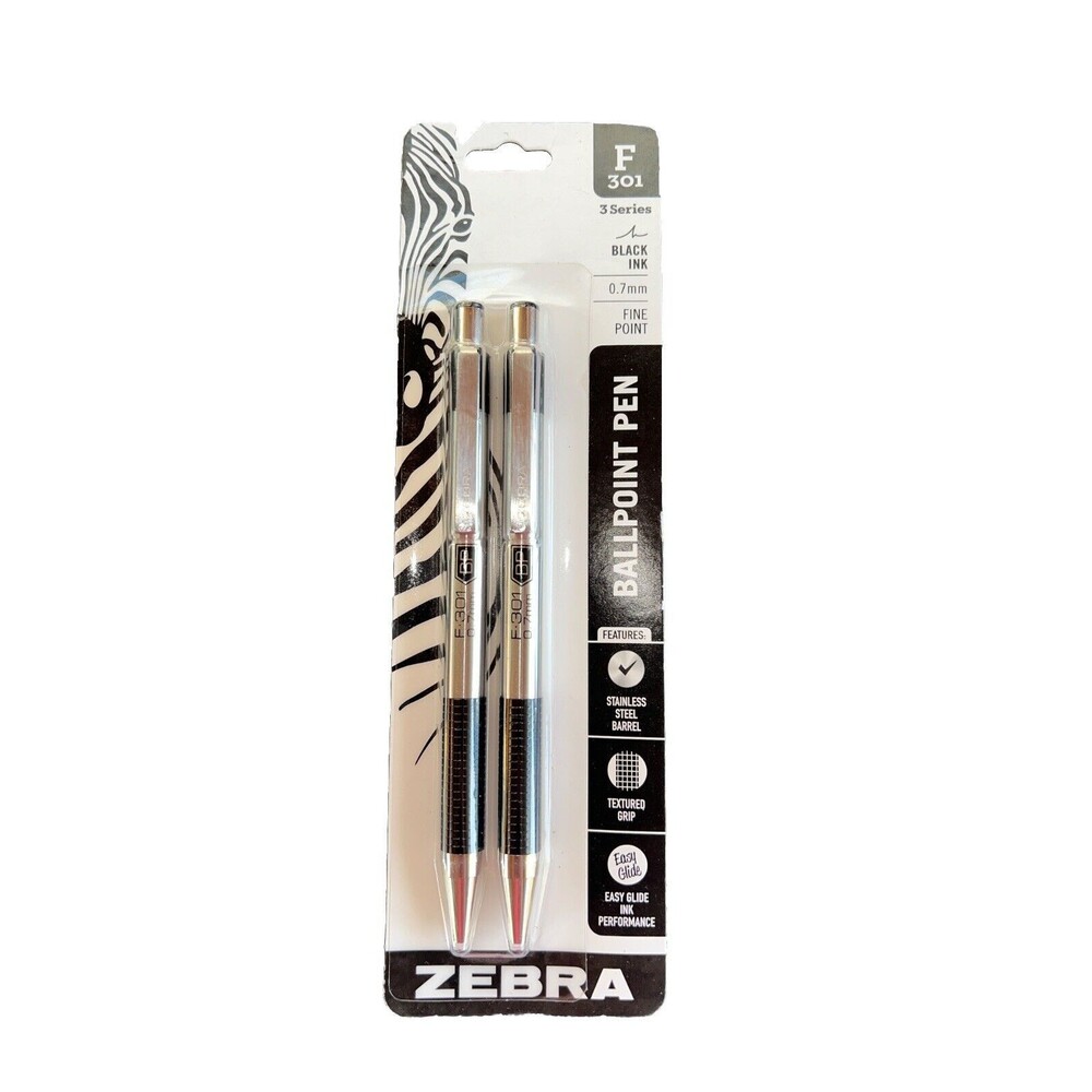 Zebra F-301 Ballpoint Stainless Steel Retractable Pen 0.7mm Black Ink 2 Pack NEW